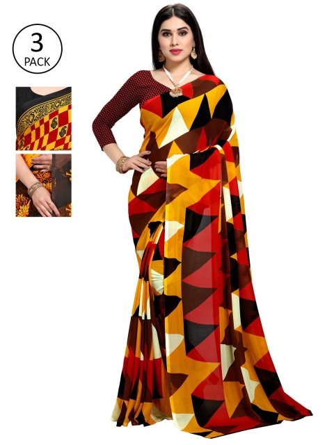 

KALINI Women Pack Of 3 Poly Georgette Printed Sarees, Red