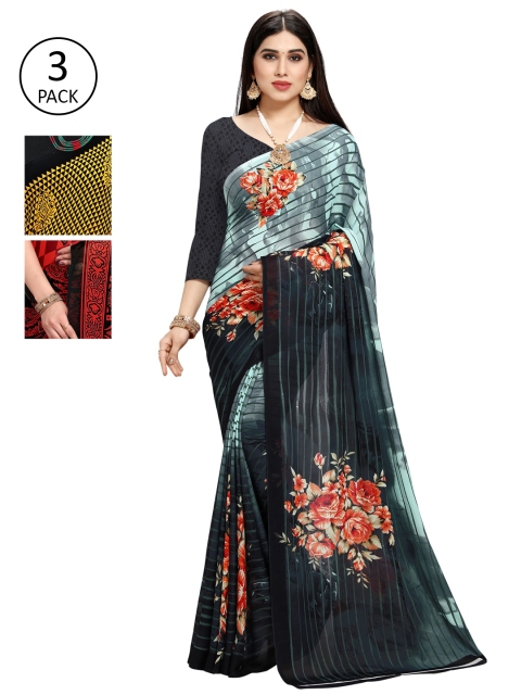 

KALINI Pack Of 3 Blue & Yellow Floral Saree