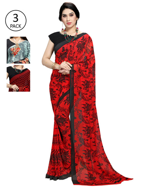

KALINI Pack Of 3 Printed Sarees, Red