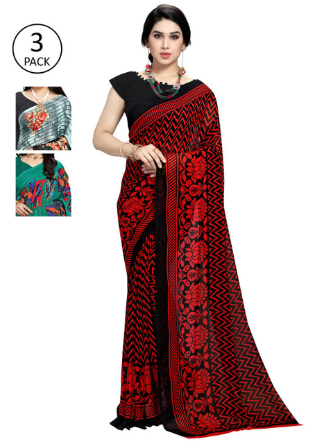

KALINI Set of 3 Multicolor Printed Sarees, Green