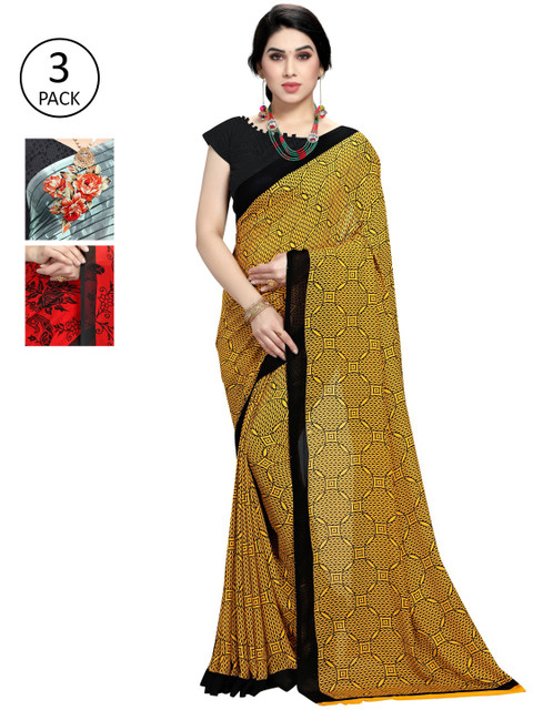 

KALINI Pack Of 3 Printed Sarees, Yellow