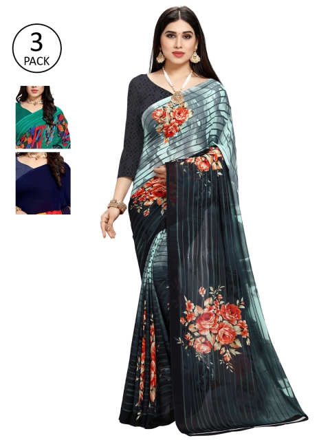 

KALINI Pack Of 3 Printed Sarees, Green