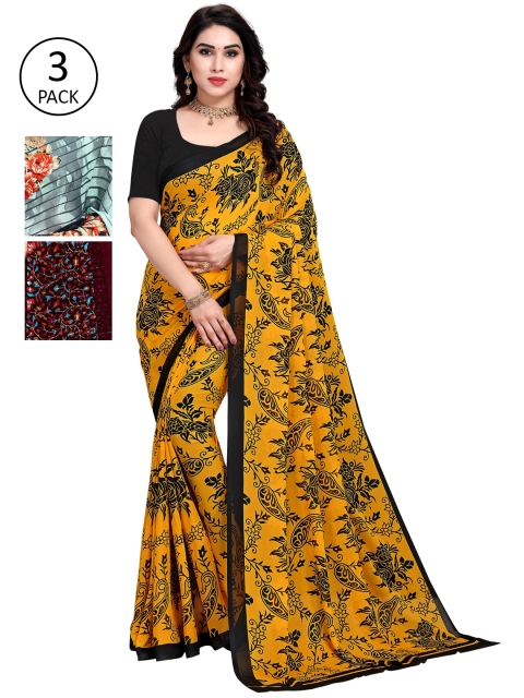 

KALINI Pack Of 3 Burgundy & Blue Floral Saree
