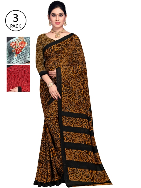 

KALINI Pack Of 3 Printed Sarees, Khaki