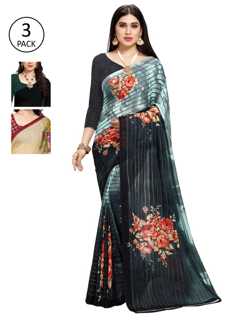 

KALINI Women Pack Of 3 Poly Georgette Printed Sarees, Grey