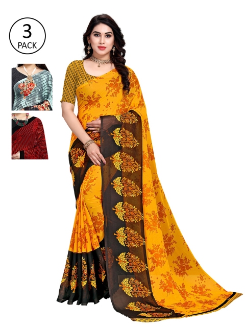 

KALINI Pack Of 3 Printed Sarees, Yellow