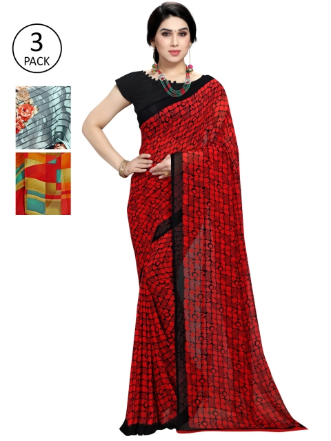 

KALINI Pack Of 3 Printed Sarees, Red