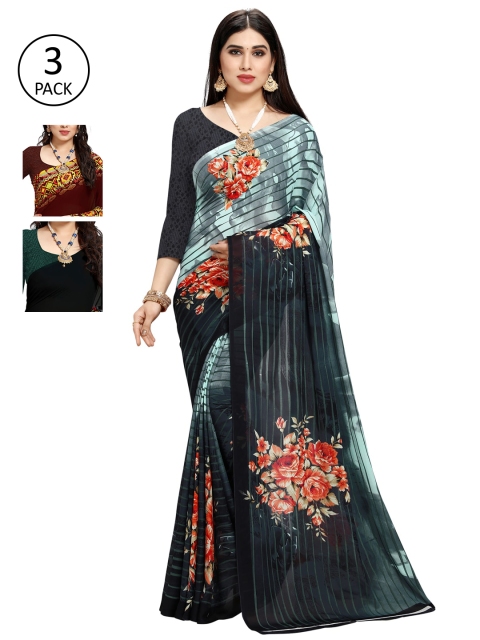 

KALINI Pack Of 3 Printed Sarees, Green