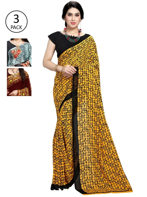 

KALINI Pack Of 3 Printed Sarees, Yellow