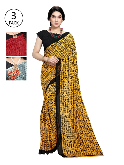 

KALINI Pack Of 3 Printed Sarees, Red