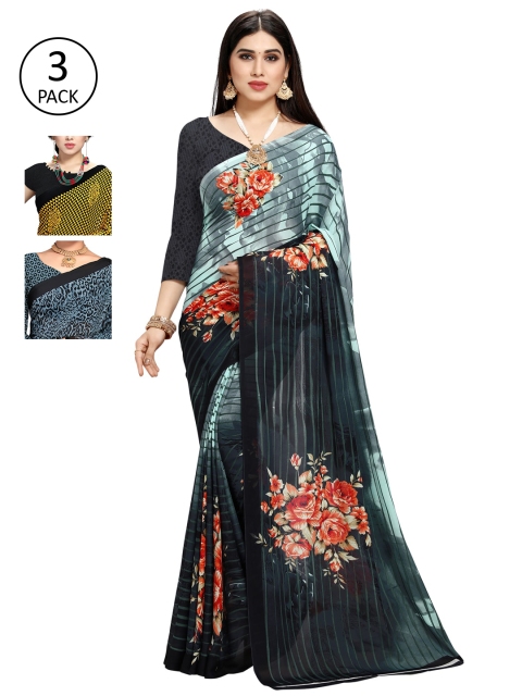 

KALINI Women Pack Of 3 Poly Georgette Printed Sarees, Blue