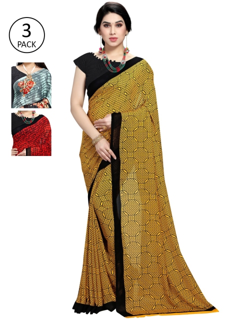 

KALINI Pack Of 3 Printed Sarees, Yellow