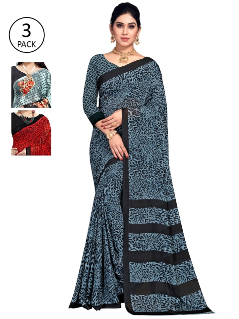 

KALINI Pack Of 3 Printed Sarees, Red