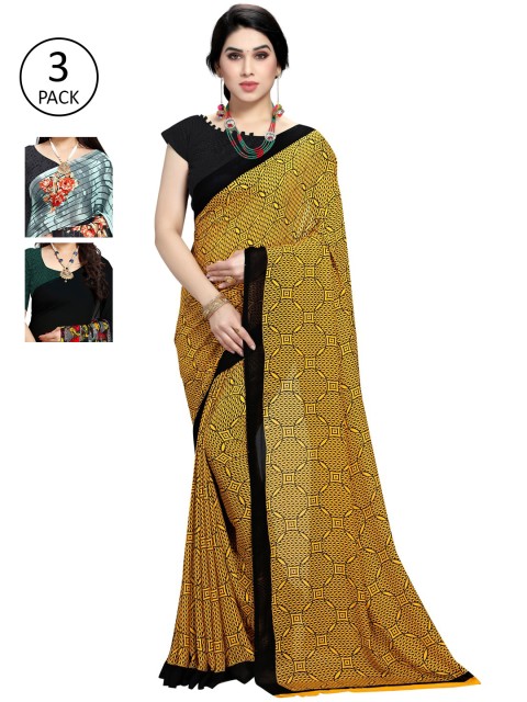 

KALINI Pack Of 3 Printed Sarees, Black