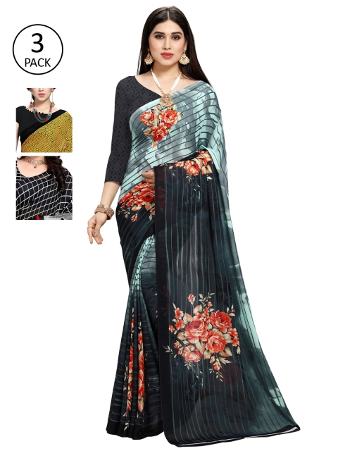 

KALINI Pack Of 3 Blue & Yellow Floral Saree