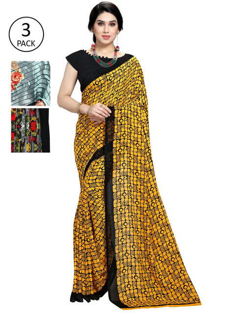 

KALINI Pack Of 3 Printed Sarees, Yellow