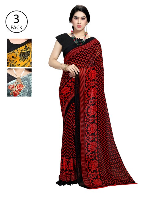 

KALINI Pack Of 3 Printed Sarees, Red