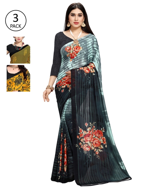 

KALINI Pack Of 3 Printed Sarees, Green