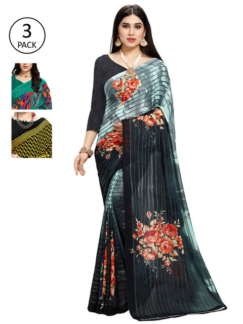 

KALINI Pack Of 3 Printed Sarees, Green