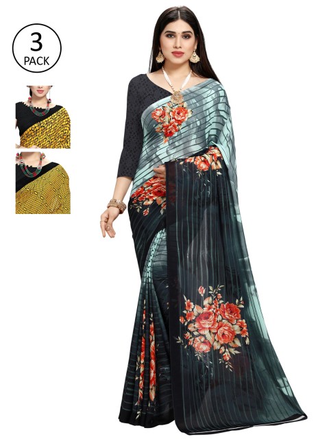 

KALINI Pack Of 3 Printed Sarees, Yellow