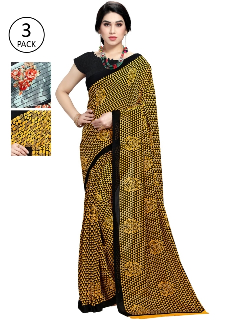 

KALINI Pack Of 3 Printed Sarees, Yellow