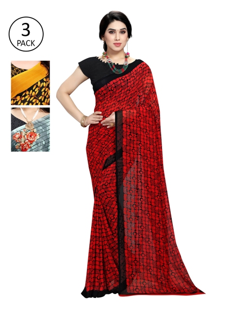 

KALINI Pack Of 3 Printed Sarees, Red
