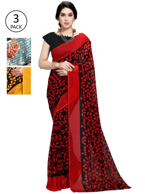 

KALINI Pack Of 3 Multicoloured Printed Sarees, Red
