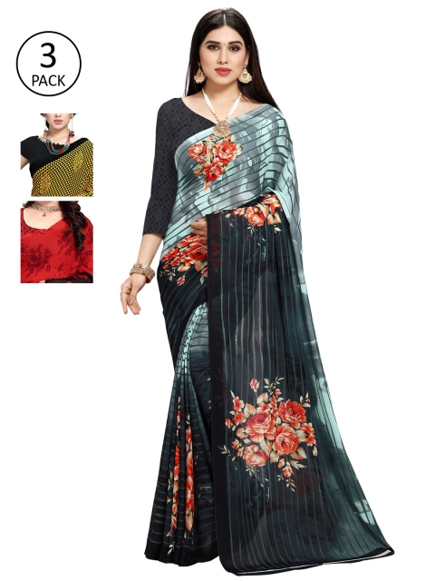 

KALINI Pack Of 3 Printed Sarees, Green