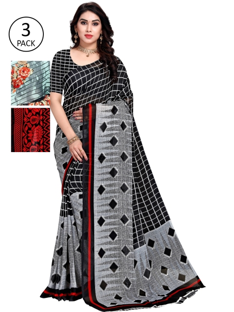 

KALINI Pack Of 3 Printed Sarees, Black