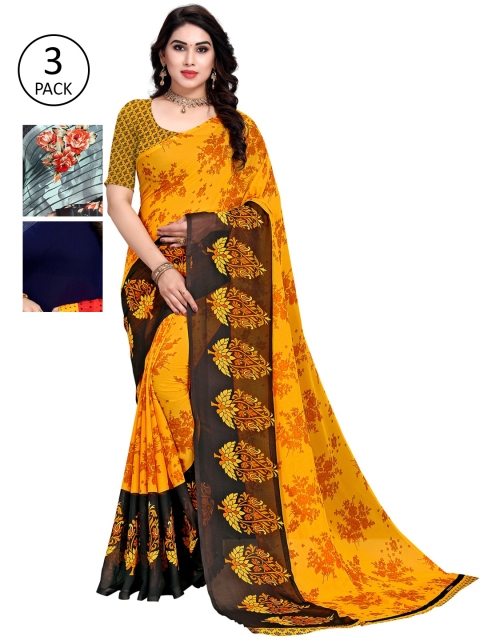 

KALINI Pack Of 3 Multicoloured Printed Sarees, Yellow