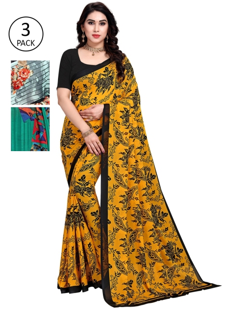 

KALINI Pack Of 3 Printed Sarees, Yellow