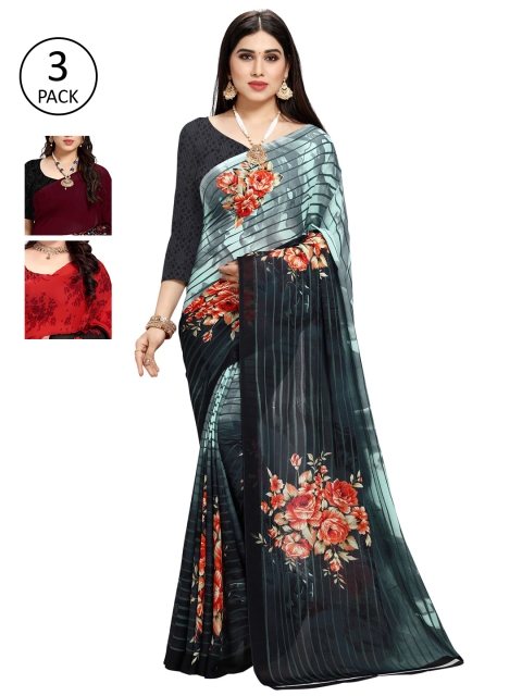 

KALINI Pack Of 3 Multicoloured Printed Sarees, Red