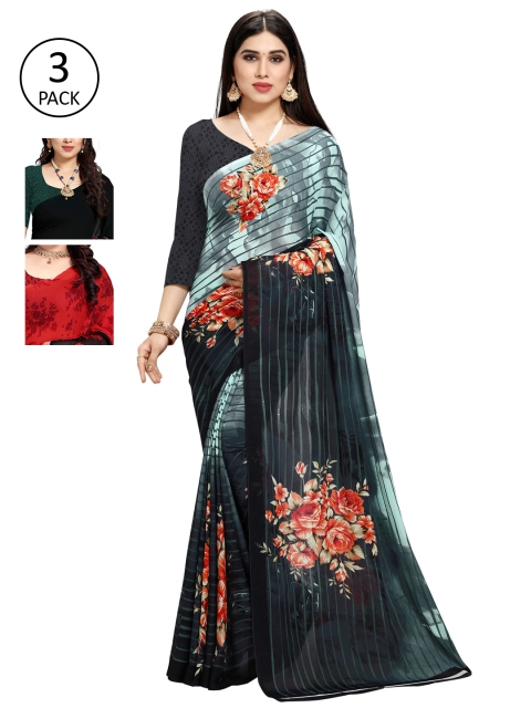 

KALINI Pack Of 3 Printed Saree, Black
