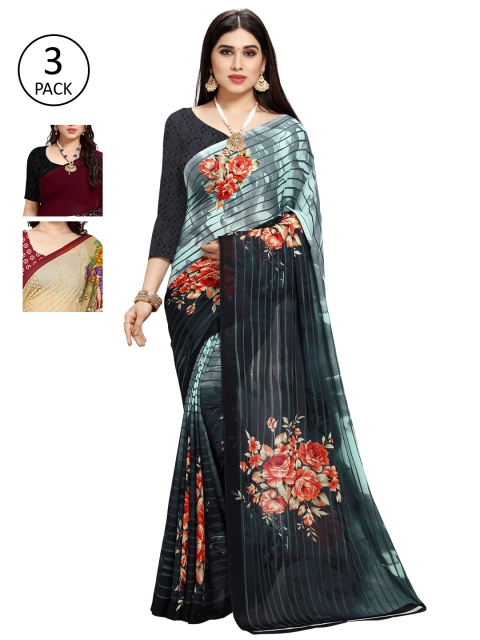 

KALINI Pack Of 3 Printed Sarees, Green