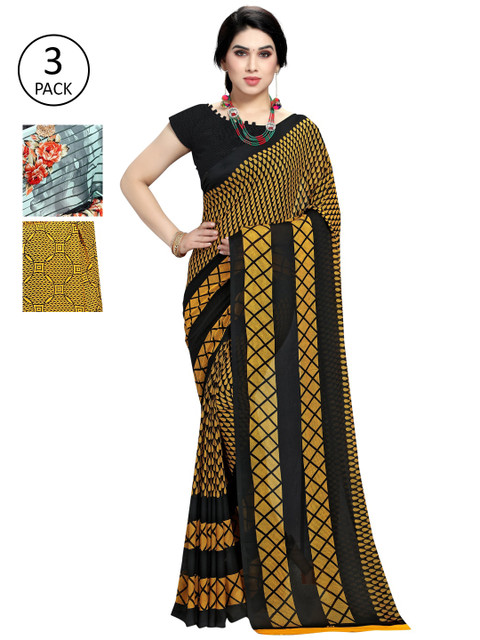 

KALINI Women Pack Of 3 Poly Georgette Printed Sarees, Yellow