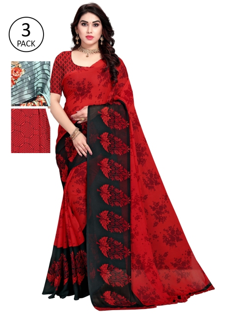 

KALINI Pack Of 3 Multicoloured Printed Sarees, Red