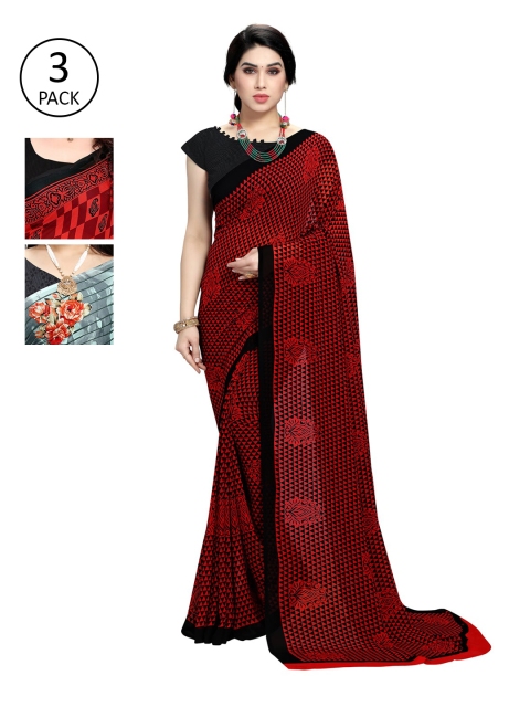 

KALINI Pack Of 3 Printed Sarees, Red