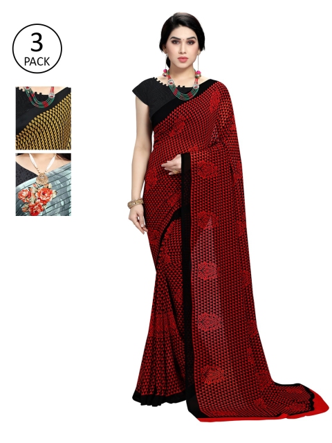 

KALINI Pack Of 3 Printed Sarees, Black