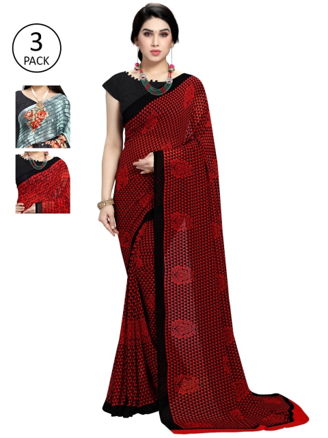 

KALINI Pack Of 3 Multicoloured Printed Sarees, Red