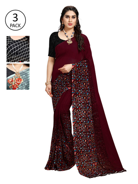

KALINI Pack Of 3 Printed Sarees, Burgundy
