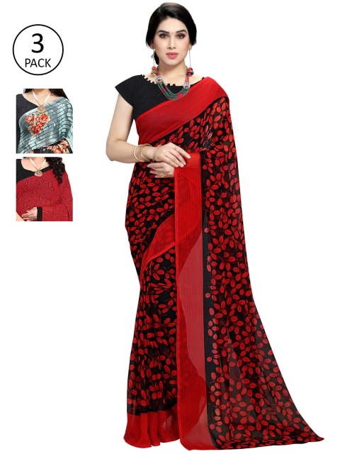 

KALINI Pack Of 3 Printed Sarees, Red