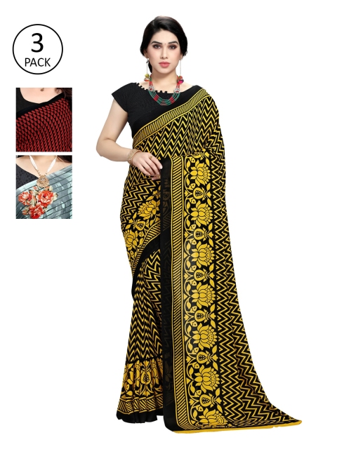 

KALINI Pack Of 3 Printed Sarees, Yellow