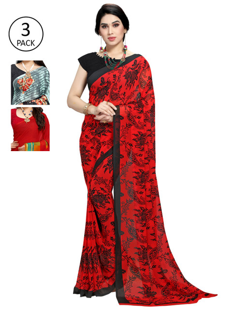 

KALINI Pack Of 3 Multicoloured Printed Sarees, Red