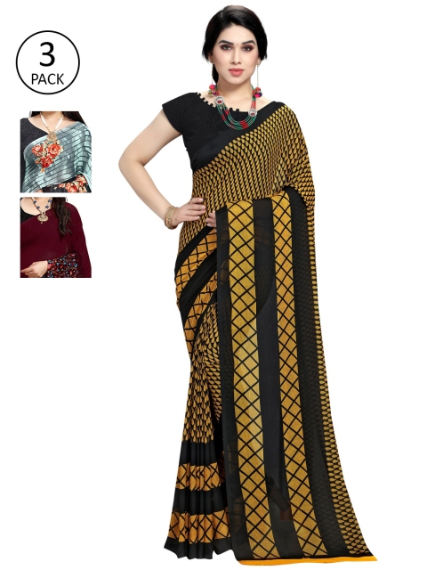 

KALINI Pack Of 3 Printed Sarees, Black