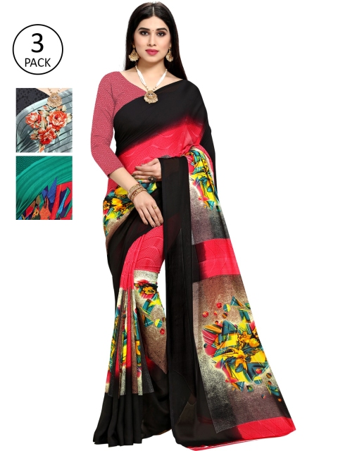 

KALINI Multicolour Printed Georgette Daily Wear Sarees-Pack of 3, Black