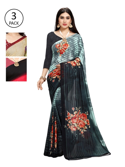 

KALINI Pack Of 3 Printed Poly Georgette Sarees, Blue
