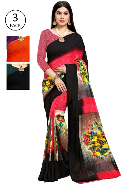 

KALINI Multicoloured Set of 3 Poly Georgette Saree, Black