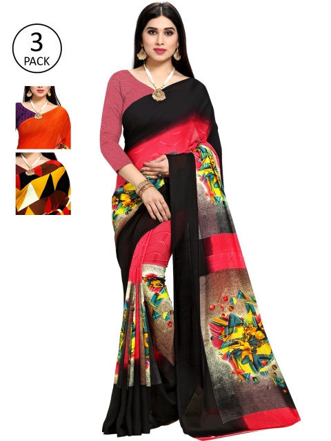 

KALINI Multicolour Printed Georgette Daily Wear Sarees-Pack of 3, Black