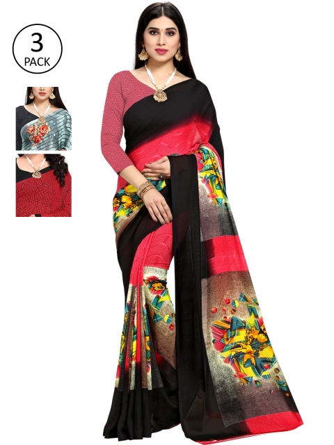 

KALINI Multicolour Printed Georgette Daily Wear Sarees-Pack of 3, Black