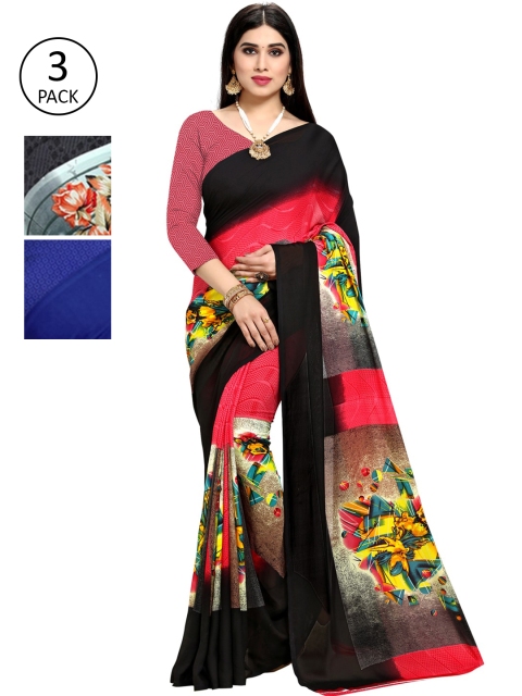 

KALINI Multicolour Printed Georgette Daily Wear Sarees-Pack of 3, Black